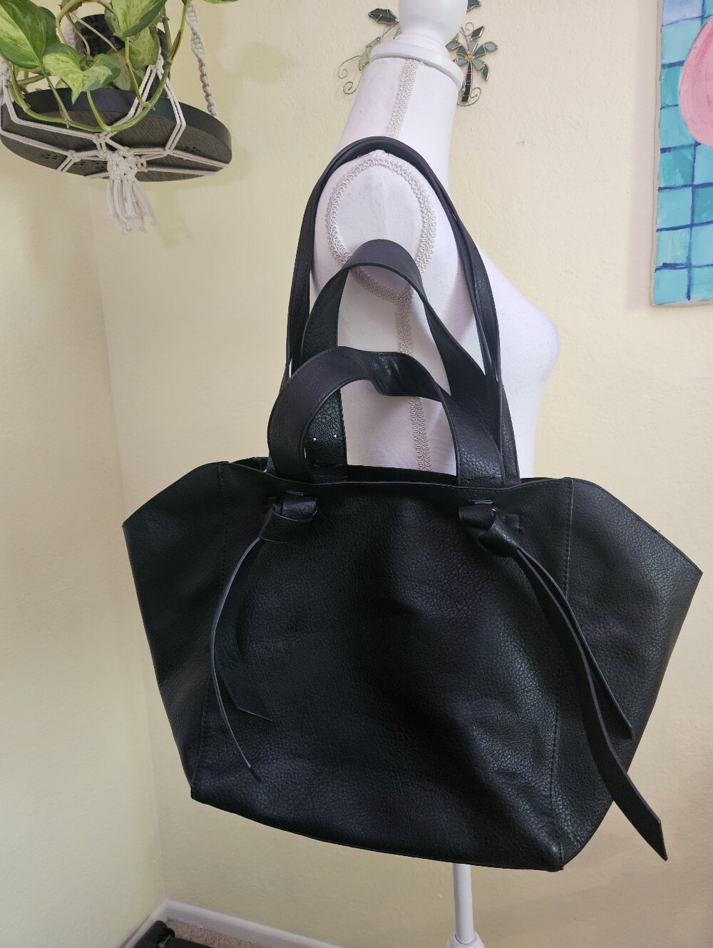Anthropologie Ciel Winged Black Tote Bag with Dual Carry Straps Faux Leather.